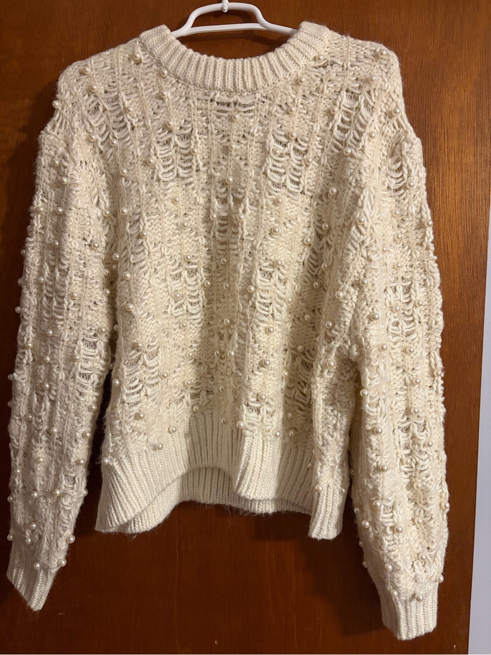 Zara Cream Pearl-Embellished Open-Stitch Crewneck Sweater